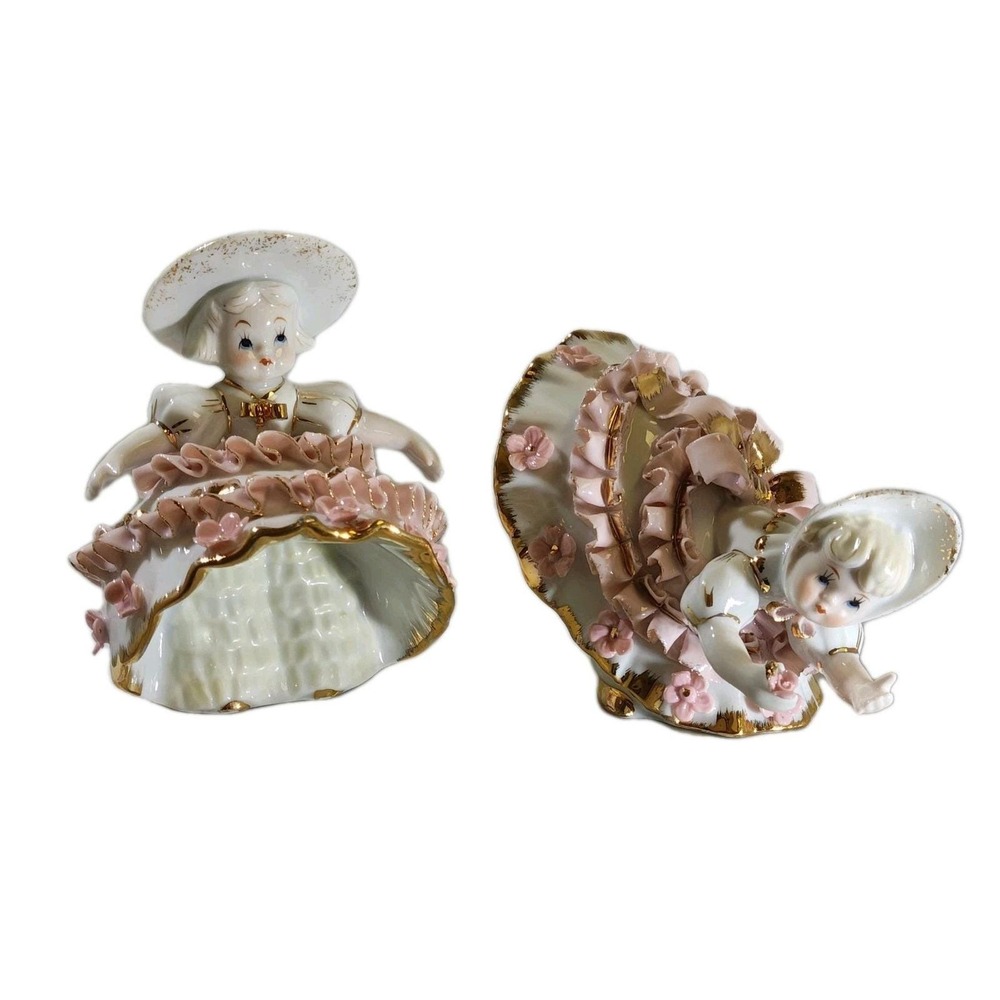 Vintage Porcelain Southern Belle Figurine Set Pink Gold Ruffle Dress 2 Piece